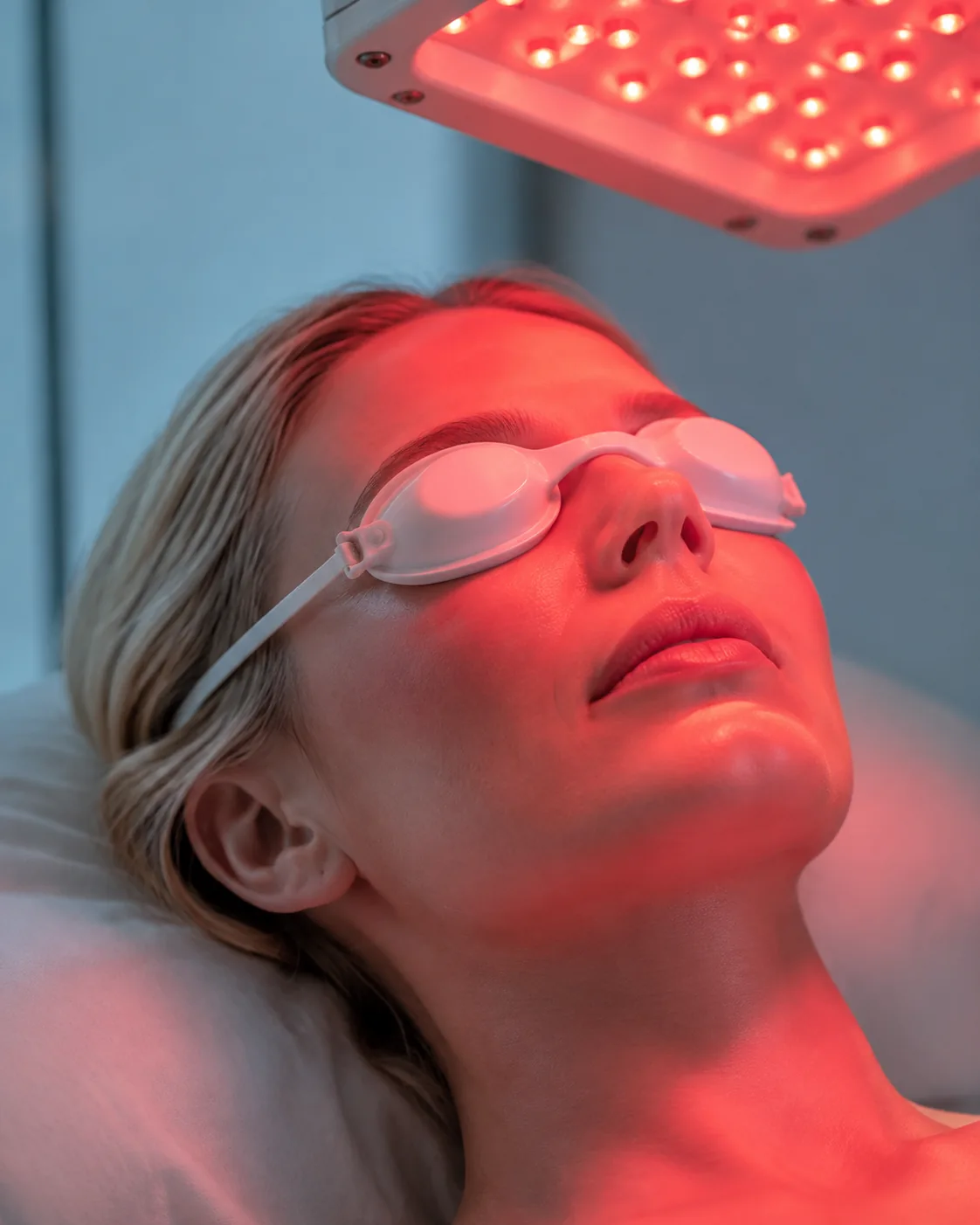 Editorial illustration of a red light session with protective eyewear